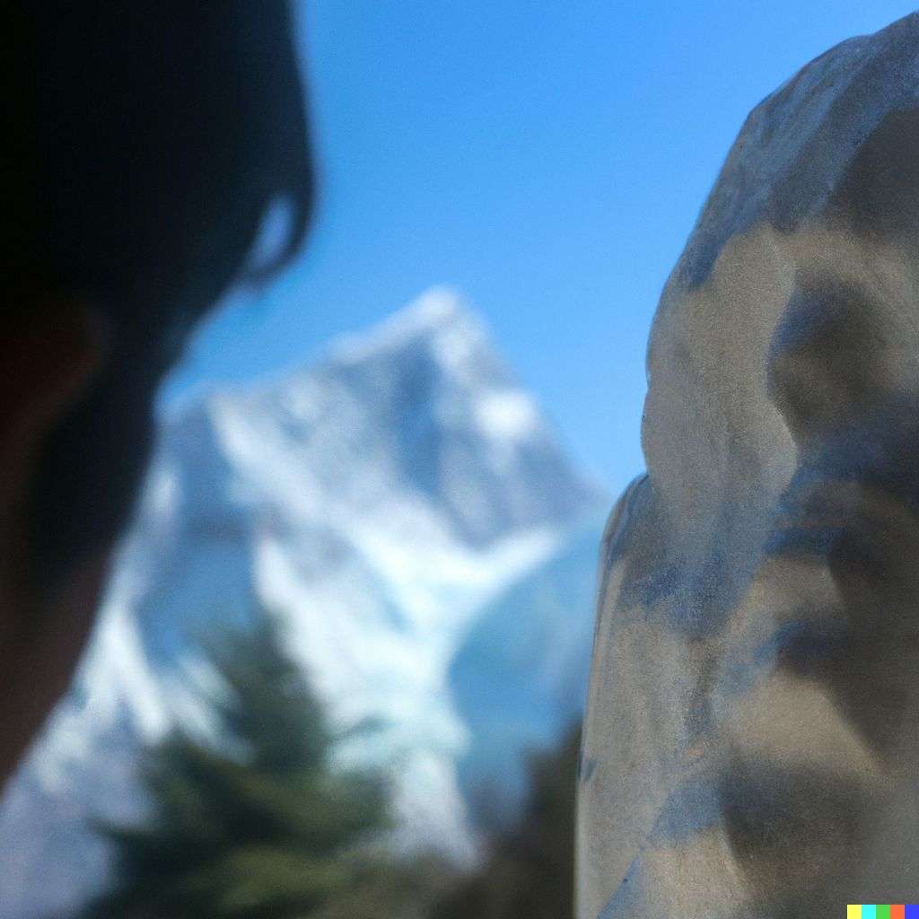 someone gazing at Mount Everest, marble sculpture